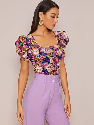 Doll Puff Sleeve Floral Print Top