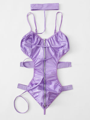 Lilac Faux Leather Bodysuit With Choker