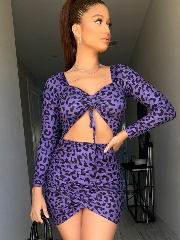 Purple Drawstring Cutout Leopard Bodycon Dress
